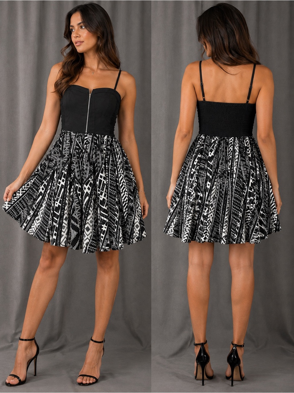 Black Tribal Print Mini Dress with Zip Bodice